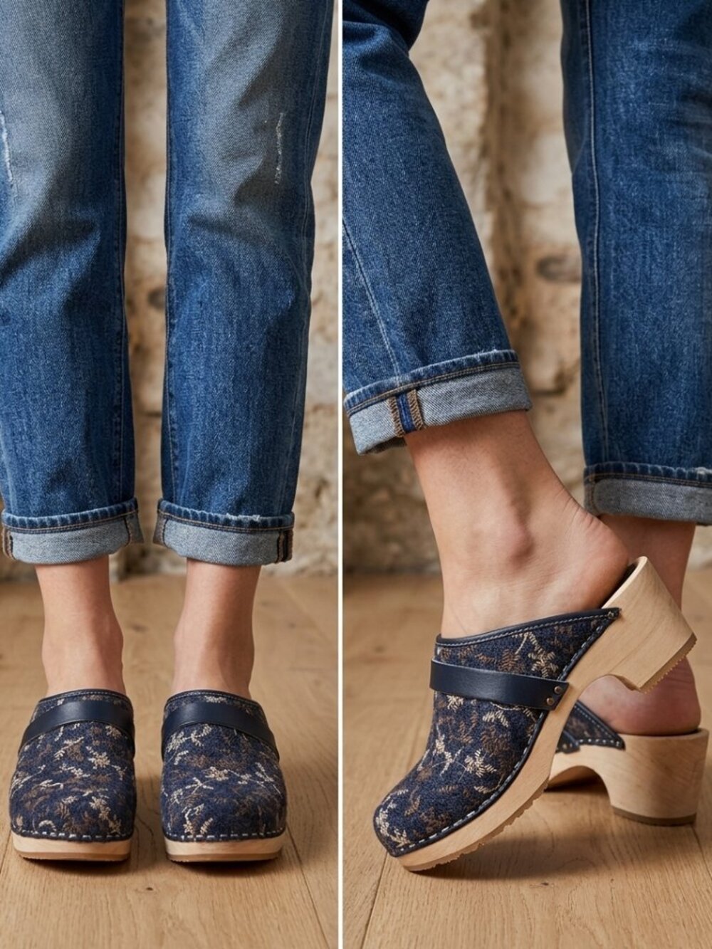 Cape Clogs Wooly Shoes Women's Size 5.5-6 Blue Handmade Floral Slip-Ons